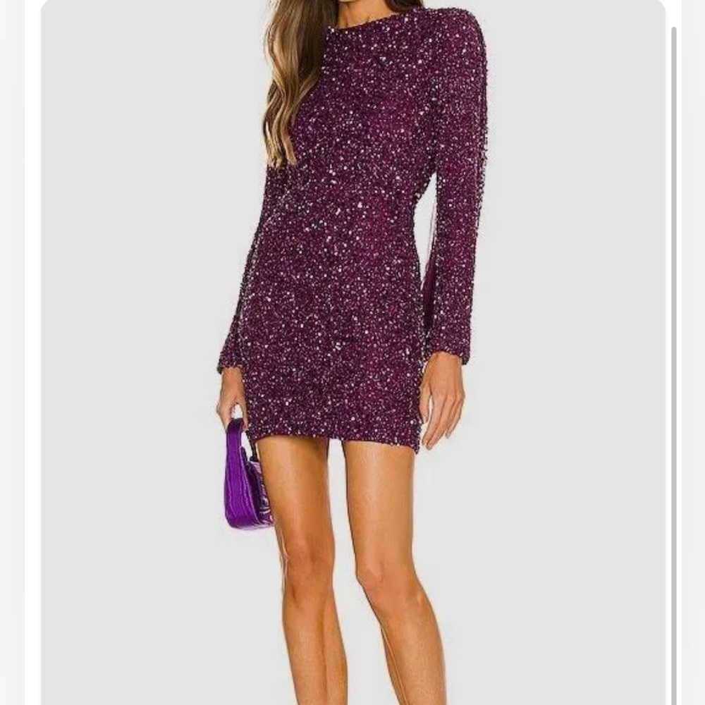 Retrofete Mertzi sequin jeweled, backless mini dress in purple.